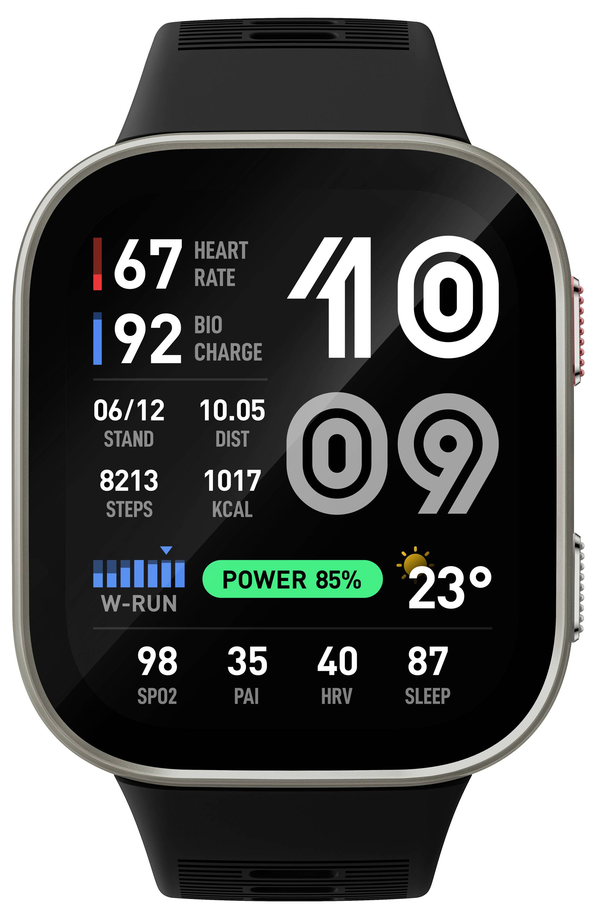 Smartwatch-Zifferblatt mit Gesundheits- und Fitnessdaten: 67 Herzfrequenz, 92 Bio-Ladung, Datum 06/12, 10.105 Entfernung/Schritte, 10:10 Uhrzeit, 23° Wetter und Trainigsdaten.