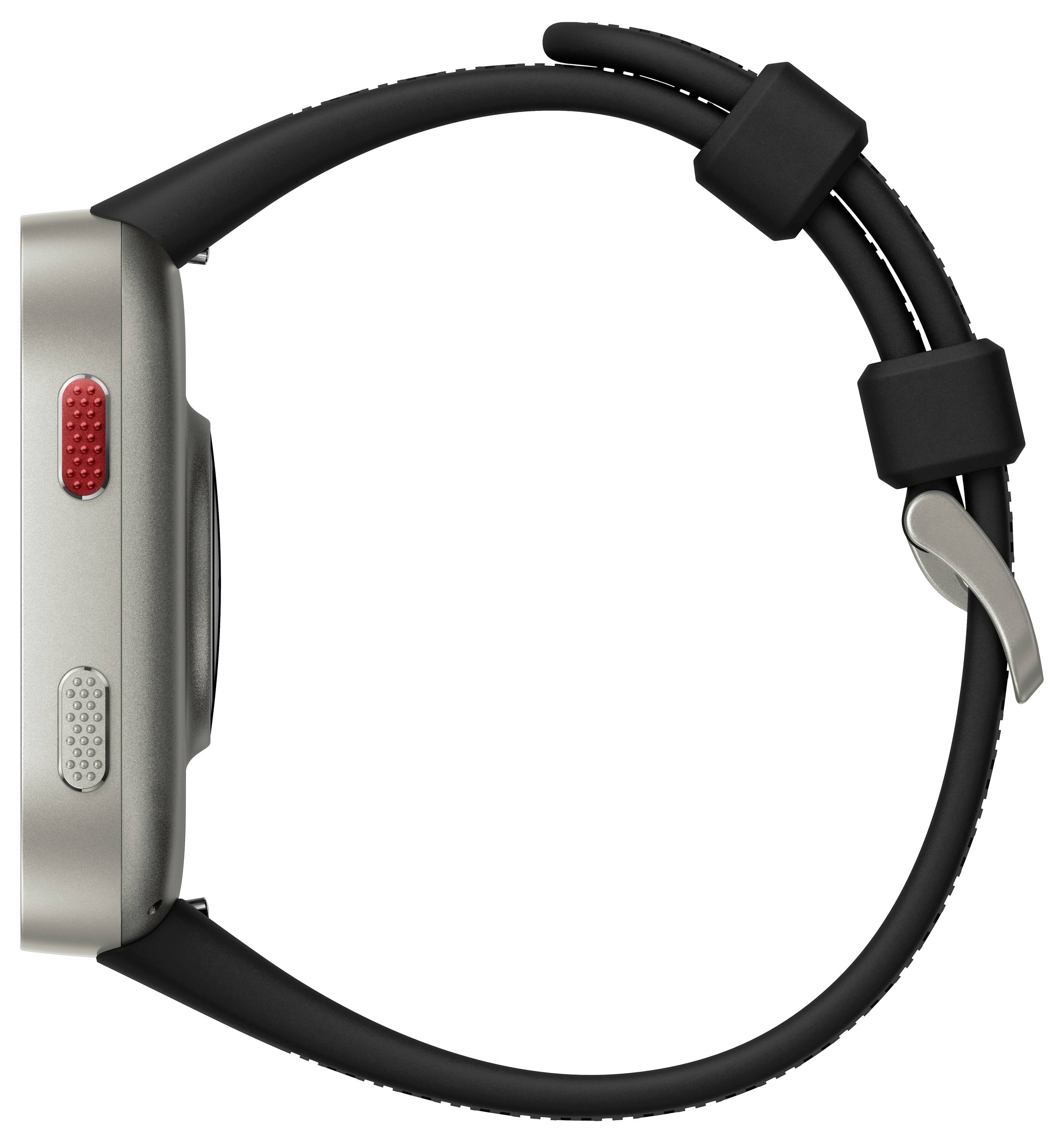 Seitenansicht einer silbernen Smartwatch mit schwarzem Armband und zwei seitlichen Tasten, auf weißem Hintergrund abgebildet.