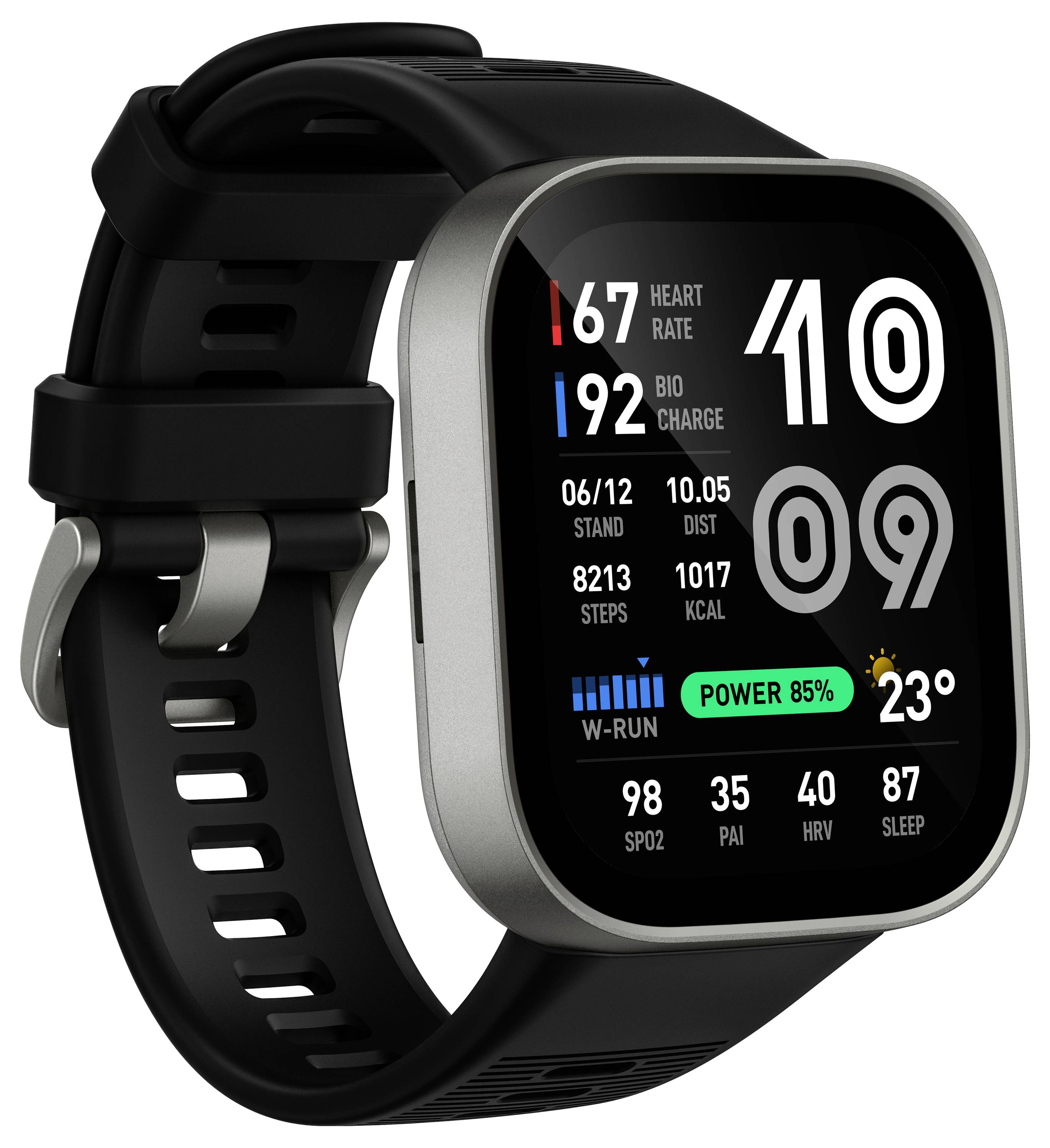 Schwarze Smartwatch mit Gesundheitsstatistiken, einschließlich Herzfrequenz 67, Akkuladung 85%, Schritte 8213, Kalorien 1017 und Wetter 23°, auf einem schwarzen Armband.
