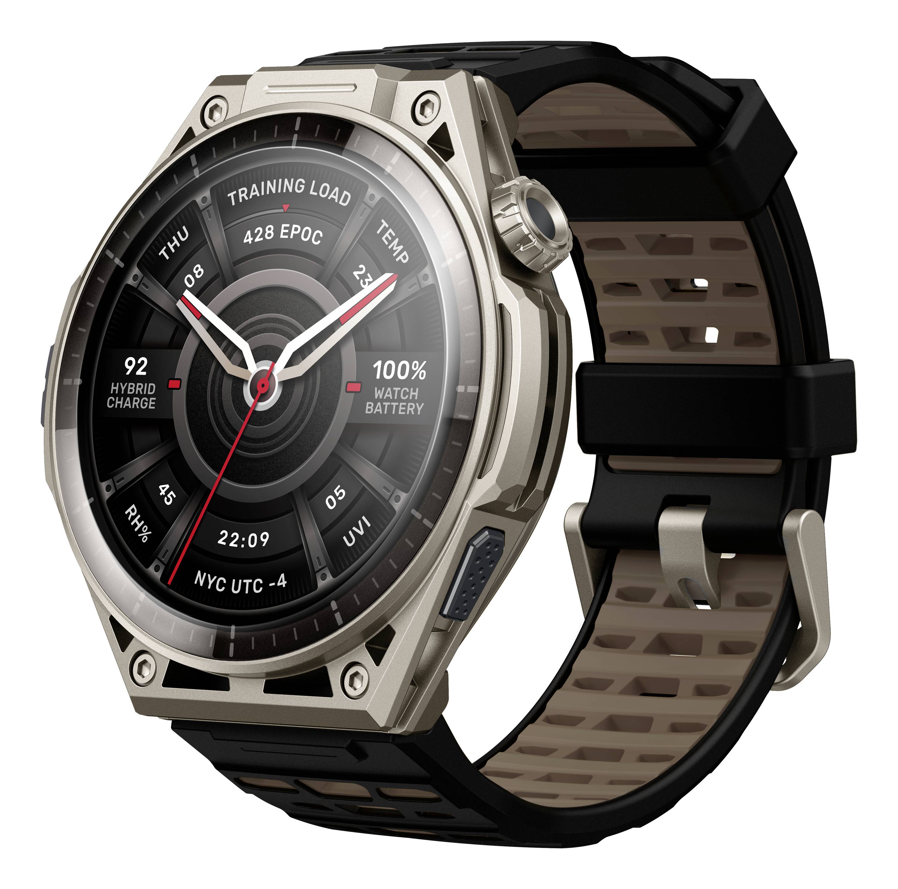 Robuste Smartwatch mit analogem Zifferblatt, die Trainingsbelastung, Akkuladestand, Uhrzeit, Wetter und weitere Fitness-Metriken auf einem schwarzen Armband anzeigt.
