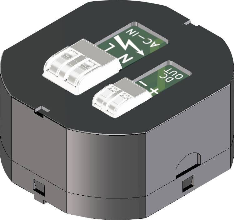 Schwarzes Elektroverbindungsmodul mit zwei klaren Anschlüssen, die mit „AC-IN" und „DC OUT" gekennzeichnet sind.