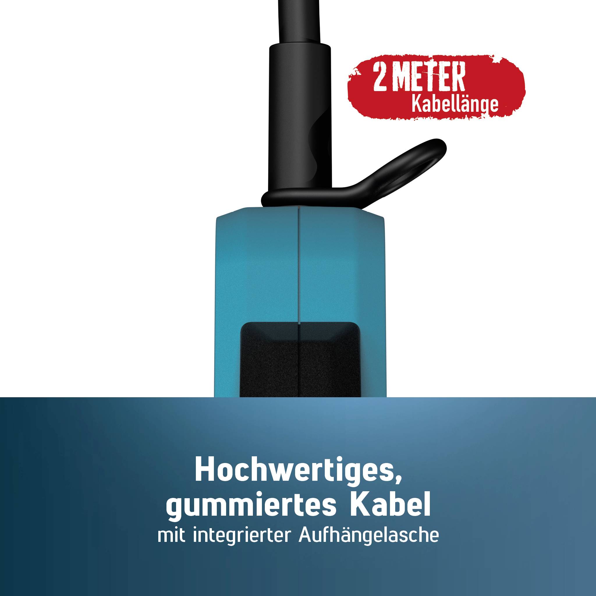 Blaues Kabel mit integrierter Aufhängeklasche; Text sagt „2 METER Kabellänge" und „Hochwertiges, gummiertes Kabel mit integrierter Aufhängeklasche".