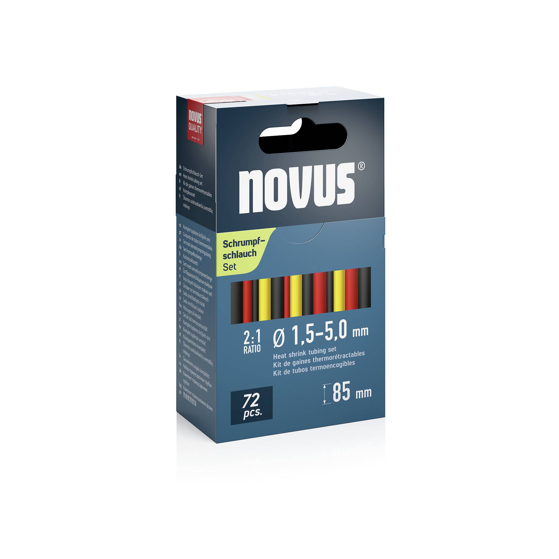 Novus Schrumpfschlauch-Set Box, 72 Stück, 2:1 Verhältnis, 1,5–5,0 mm, 85 mm Länge.