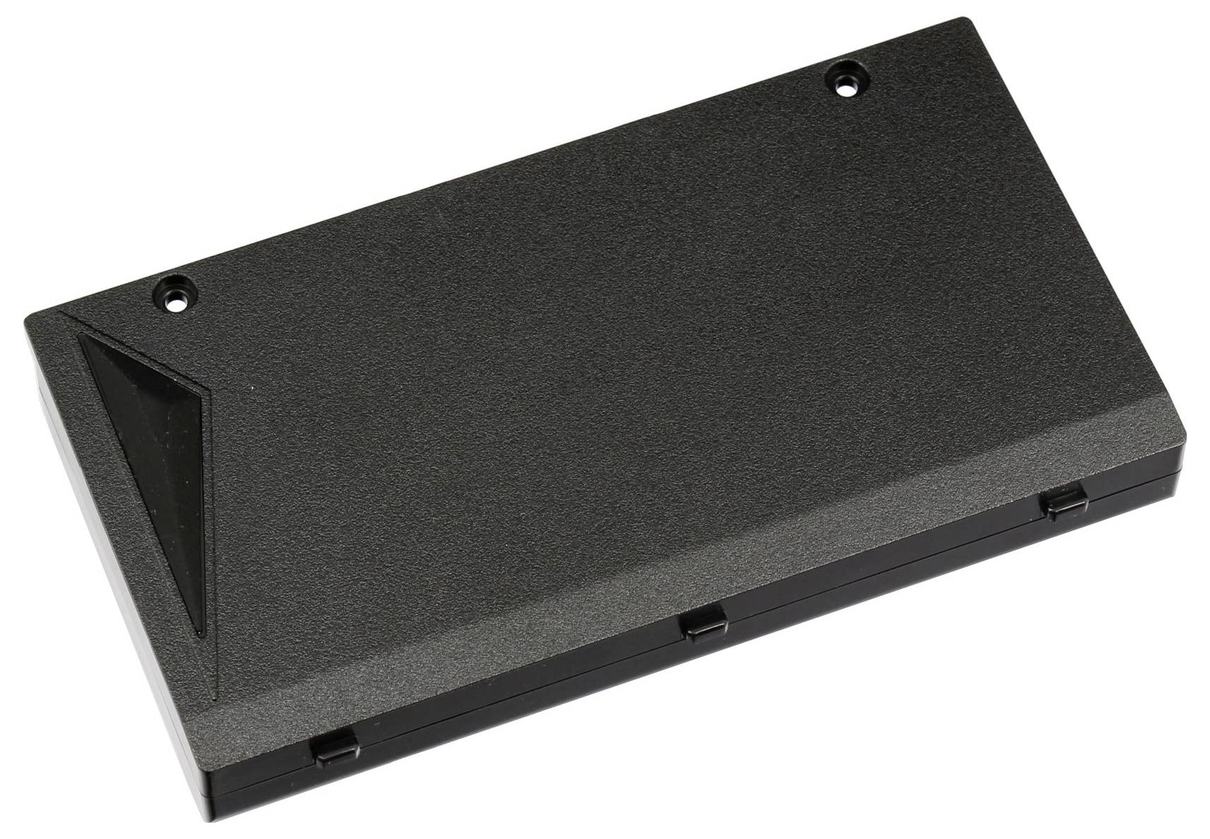 Schwarzes rechteckiges elektronisches Gerätegehäuse mit zwei Schraubenlöchern und einer Seitenöffnung, dargestellt auf weißem Hintergrund.