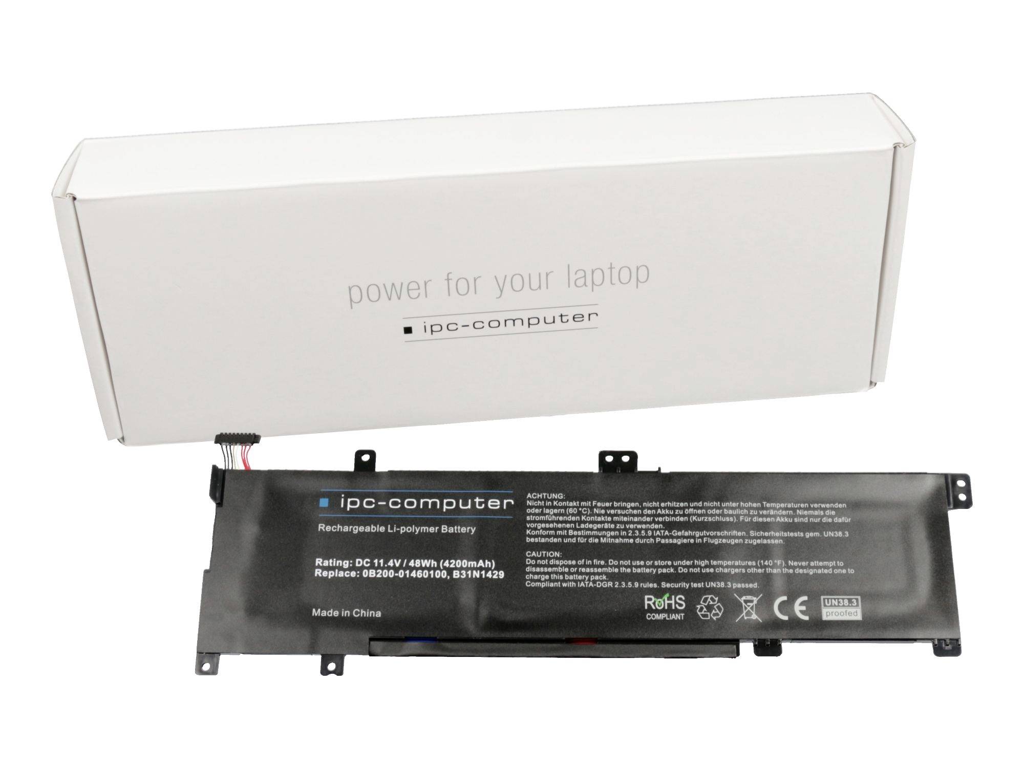 Laptop-Akku-Pack mit seiner weißen Verpackungsbox, beschriftet mit „power for your laptop" und „ipc-computer".