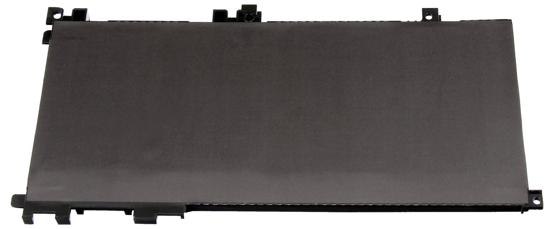 Schwarzes rechteckiges elektronisches Bedienfeld oder Abdeckung mit Montagelaschen und Clips, dargestellt auf weißem Hintergrund.