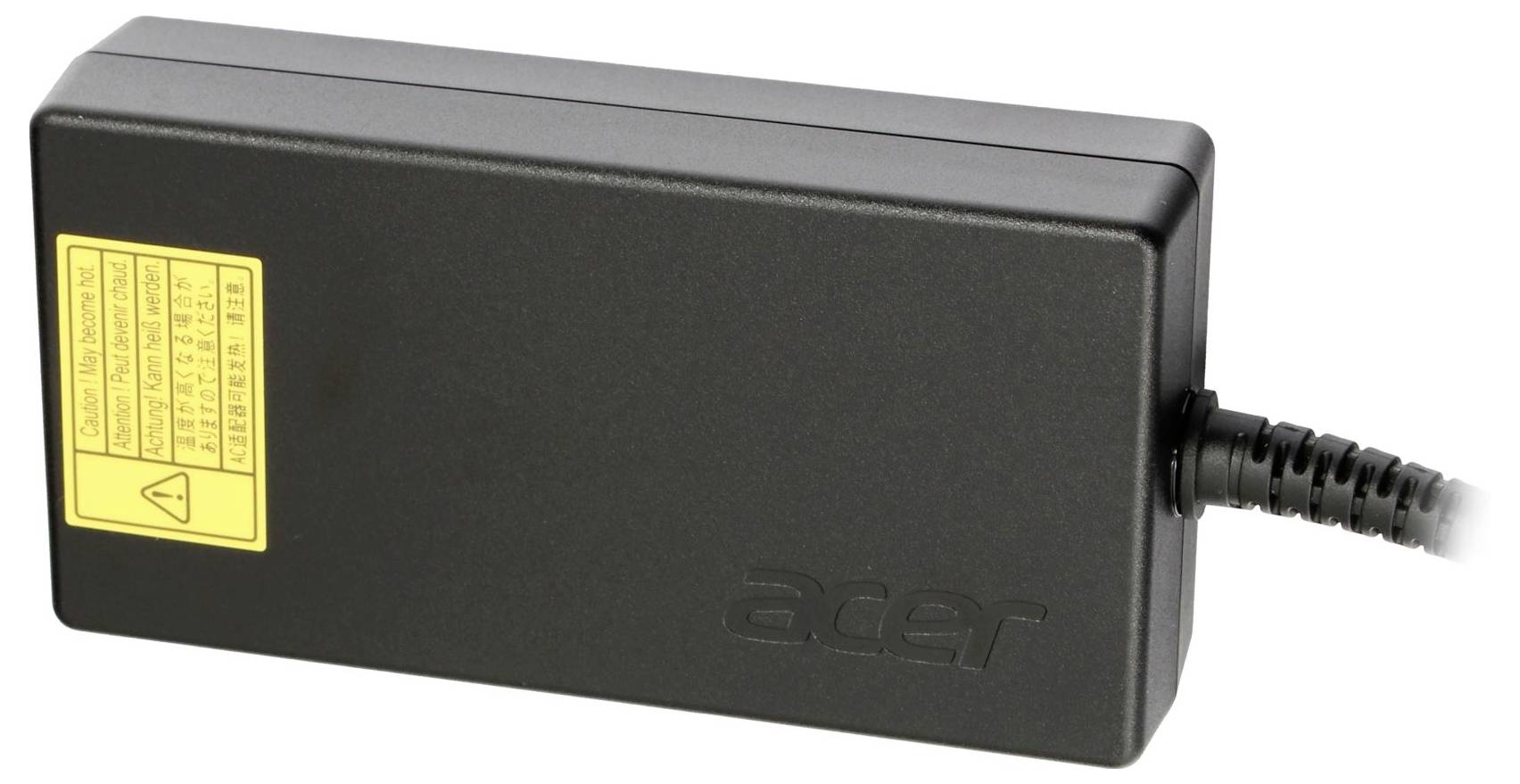 Schwarzer Acer-Laptop-Stromadapter mit angeschlossenem Kabel und gelbem Warnschild auf weißem Hintergrund.