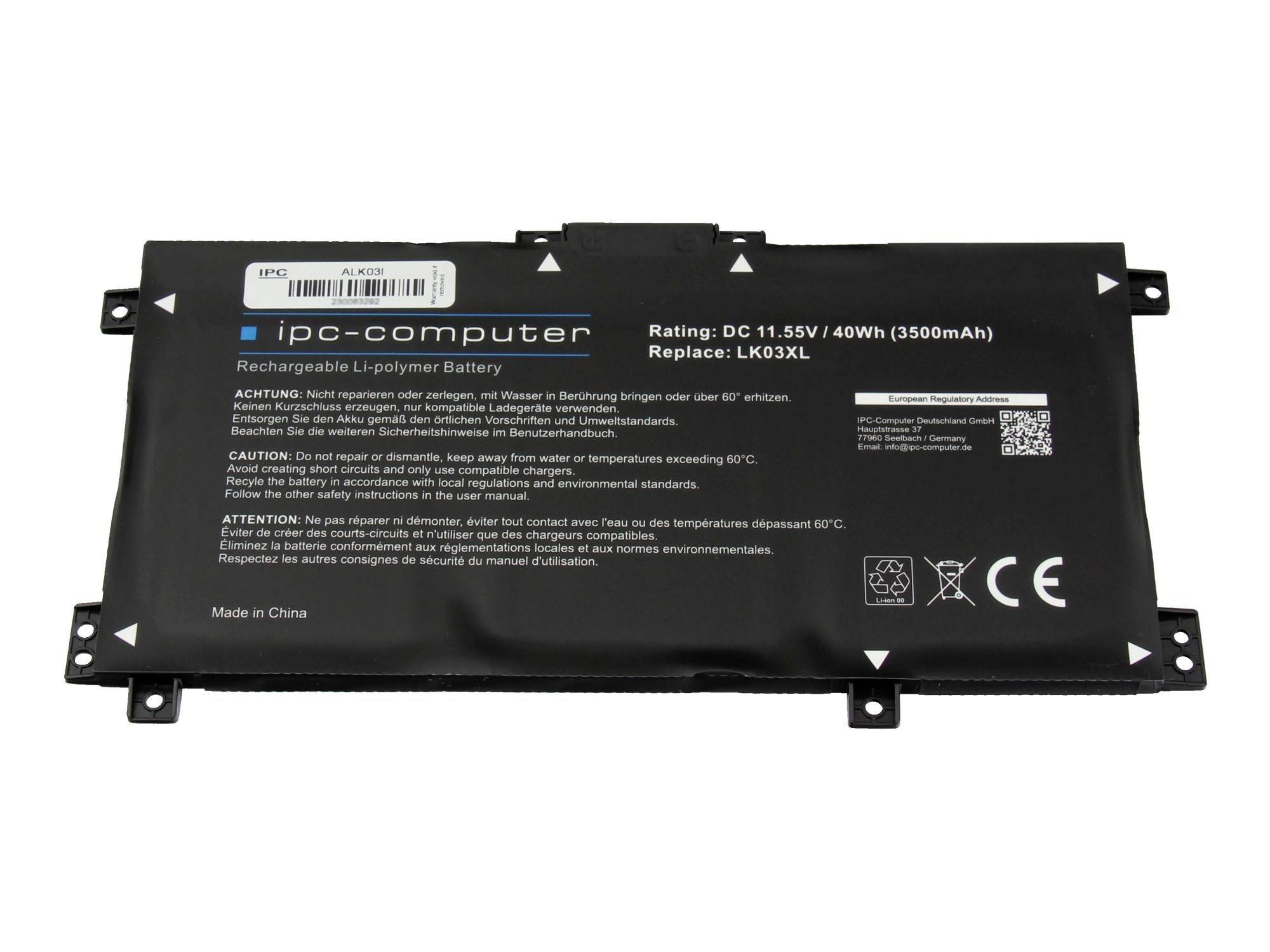 Schwarzer wiederaufladbarer Laptop-Akku mit der Bezeichnung „ipc-computer" und den Spezifikationen 11,55 V, 40 Wh sowie dem Ersatzteilcode LK03XL.