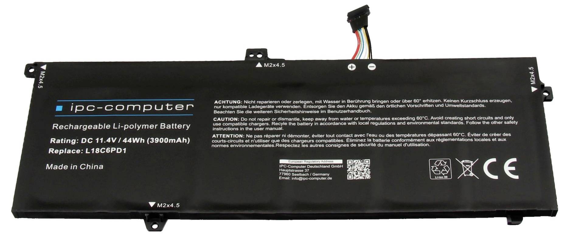 Schwarzer wiederaufladbarer Lithium-Polymer-Laptop-Akku mit der Aufschrift "ipc-computer", mit Stecker und gedruckten Spezifikationen auf dem Gehäuse.
