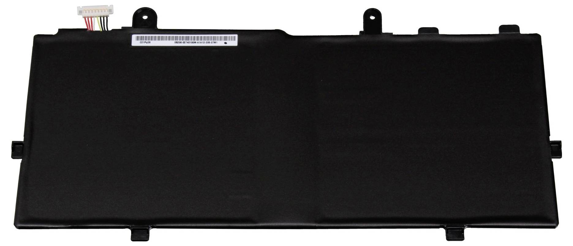 Schwarze rechteckige Laptop-Batterie mit Steckerkontakten und Befestigungslaschen auf weißem Hintergrund.