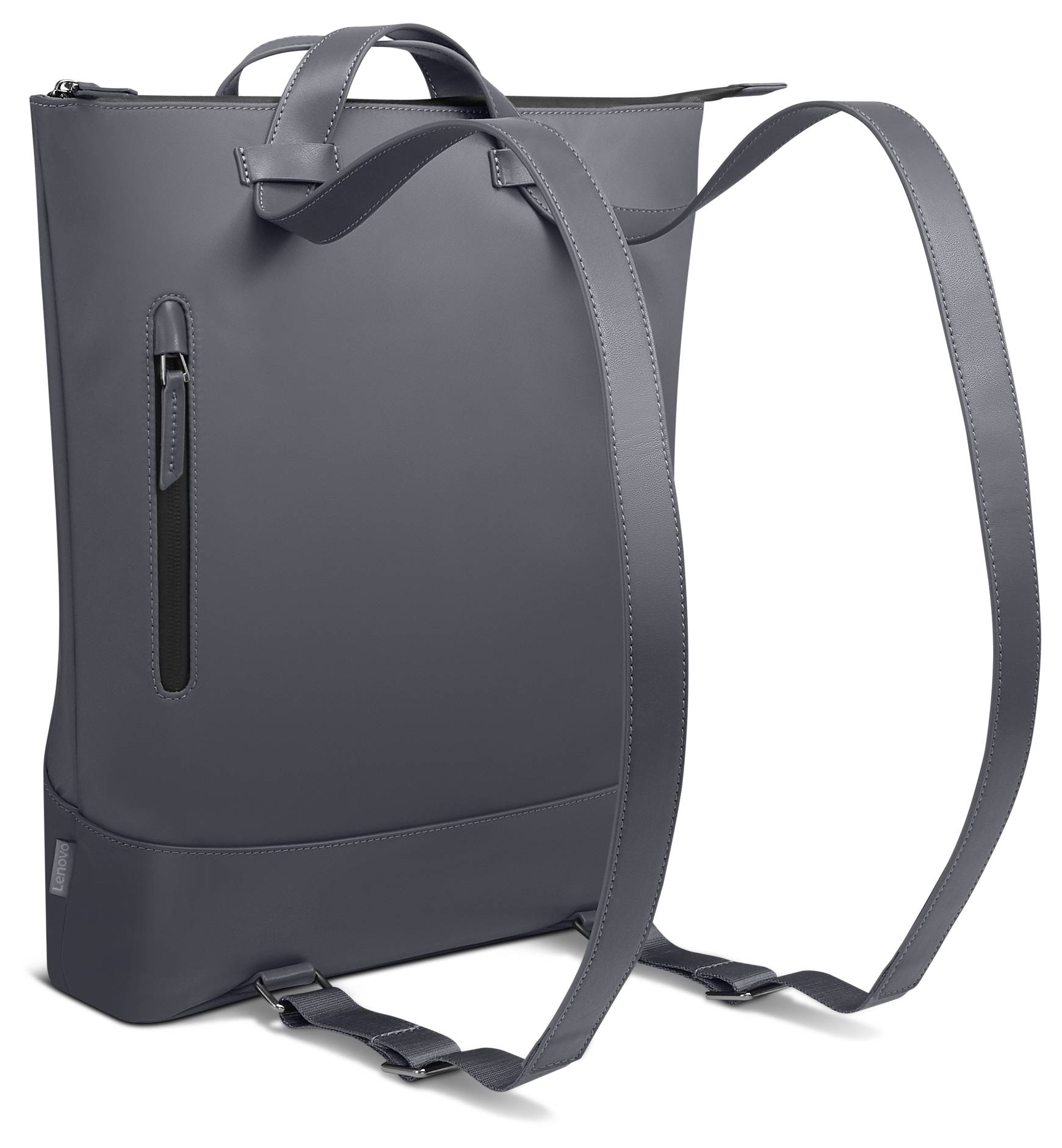 Grauer Rucksack mit Griffschlaufe oben, Reißverschlusstasche vorne und verstellbaren Schultergurten, gezeigt auf weißem Hintergrund.