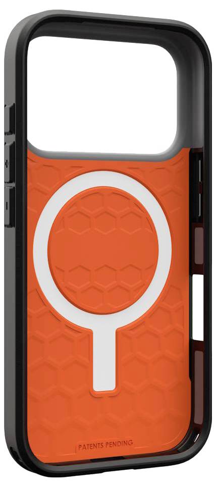 Orange-schwarze Handyhülle mit erhobenem weißem Ring und Wabenstruktur auf der Rückseite.