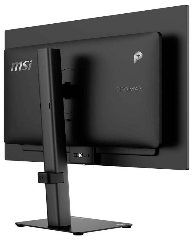 Rückansicht eines MSI Pro MPX-Monitors auf schwarzem Ständer, der das Bedienfeld auf der Rückseite und die Montagestütze zeigt.