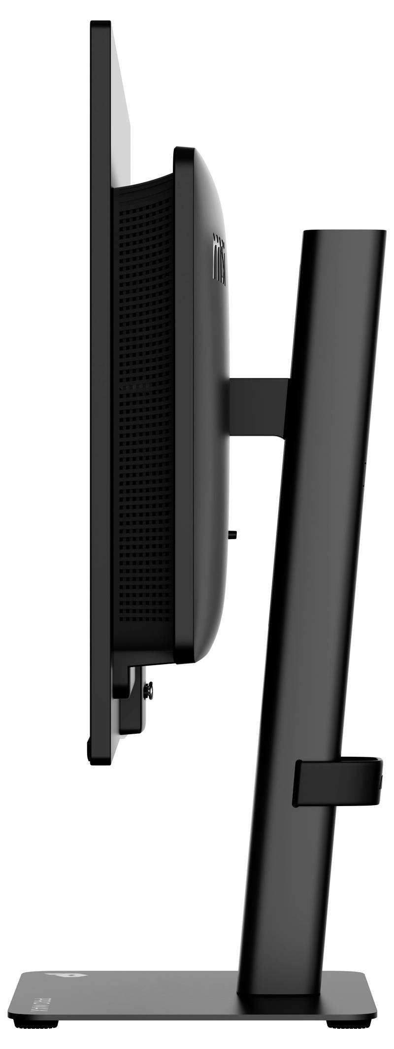 Seitenansicht eines schwarzen Monitors auf einem Ständer, die das dünne Profil des Bildschirms und das gekrümmte Gehäuse auf der Rückseite zeigt.