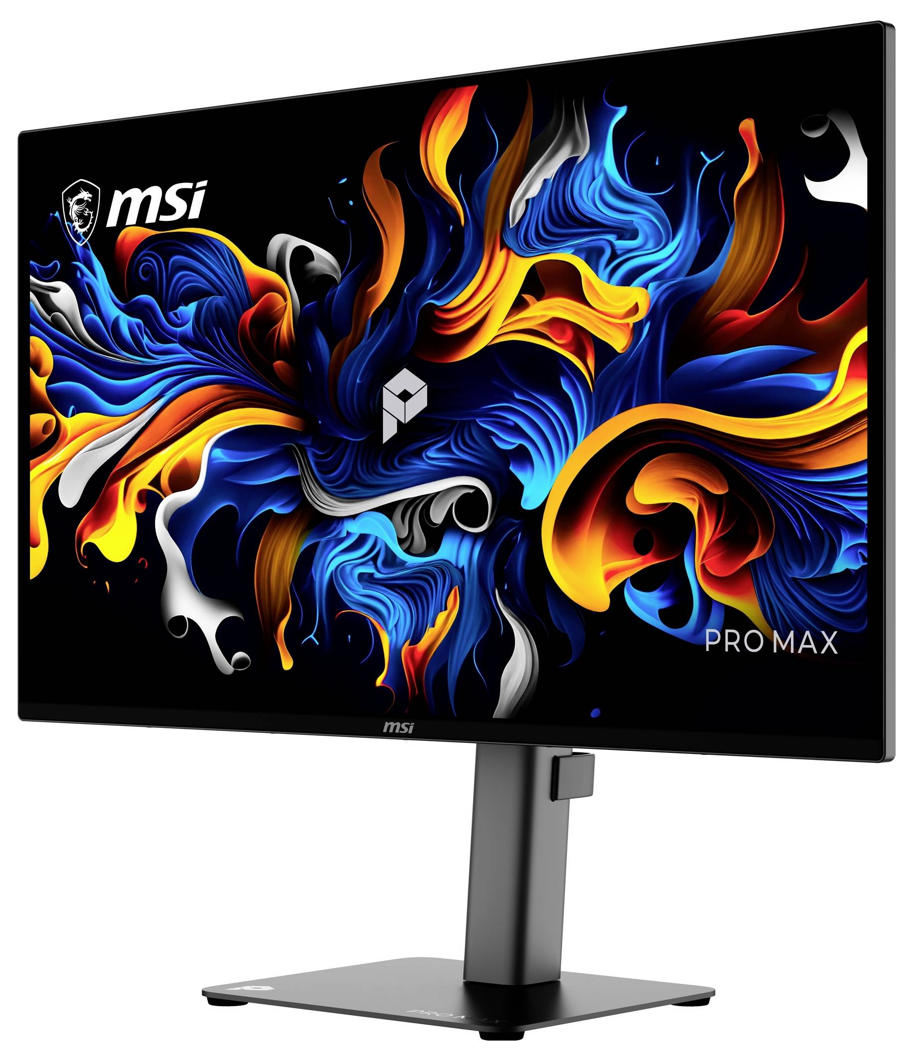 MSI Pro Max Gaming-Monitor mit lebendiger abstrakter blauer, oranger und gelber Wirbel auf schwarzem Bildschirm mit Logo und Ständer.