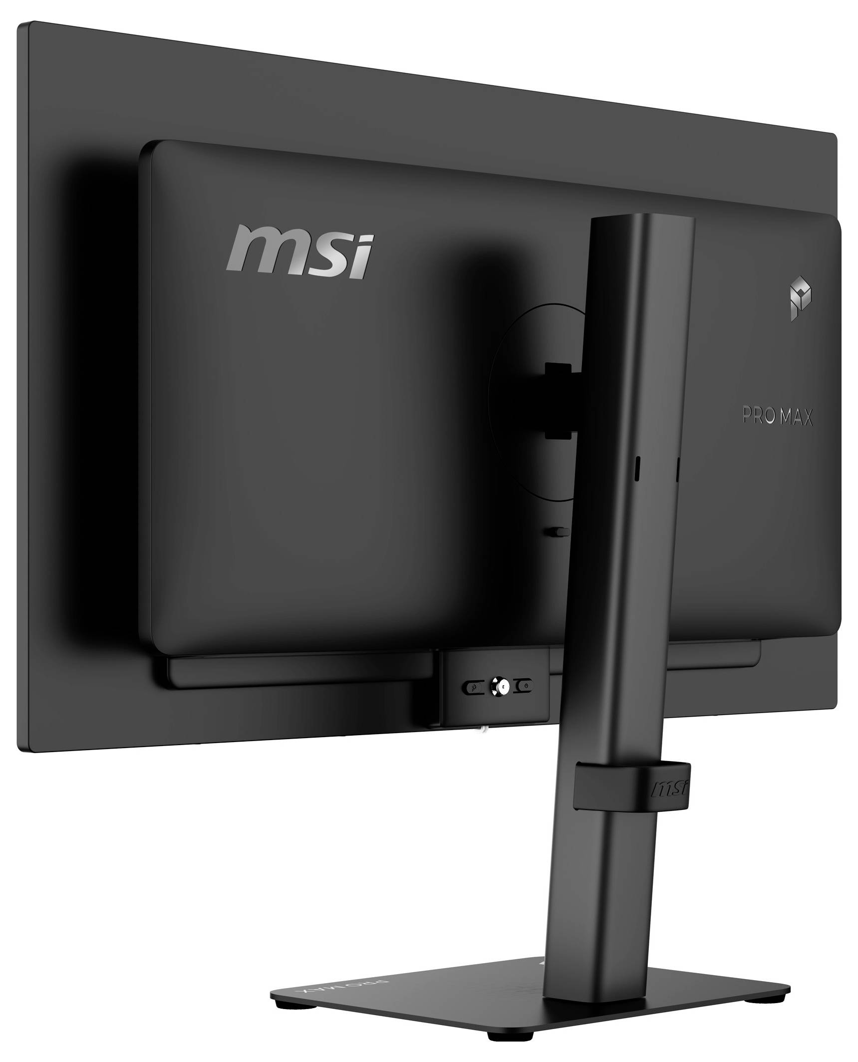 Rückansicht eines MSI-Monitors auf schwarzem Standfuß mit verstellbarer Halterung und Kabelmanagement.