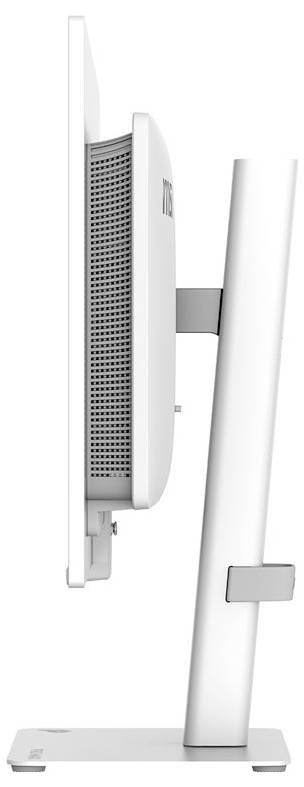 Seitenansicht eines weißen Desktop-Monitors mit schmalem Ständer und rechteckiger Basis.