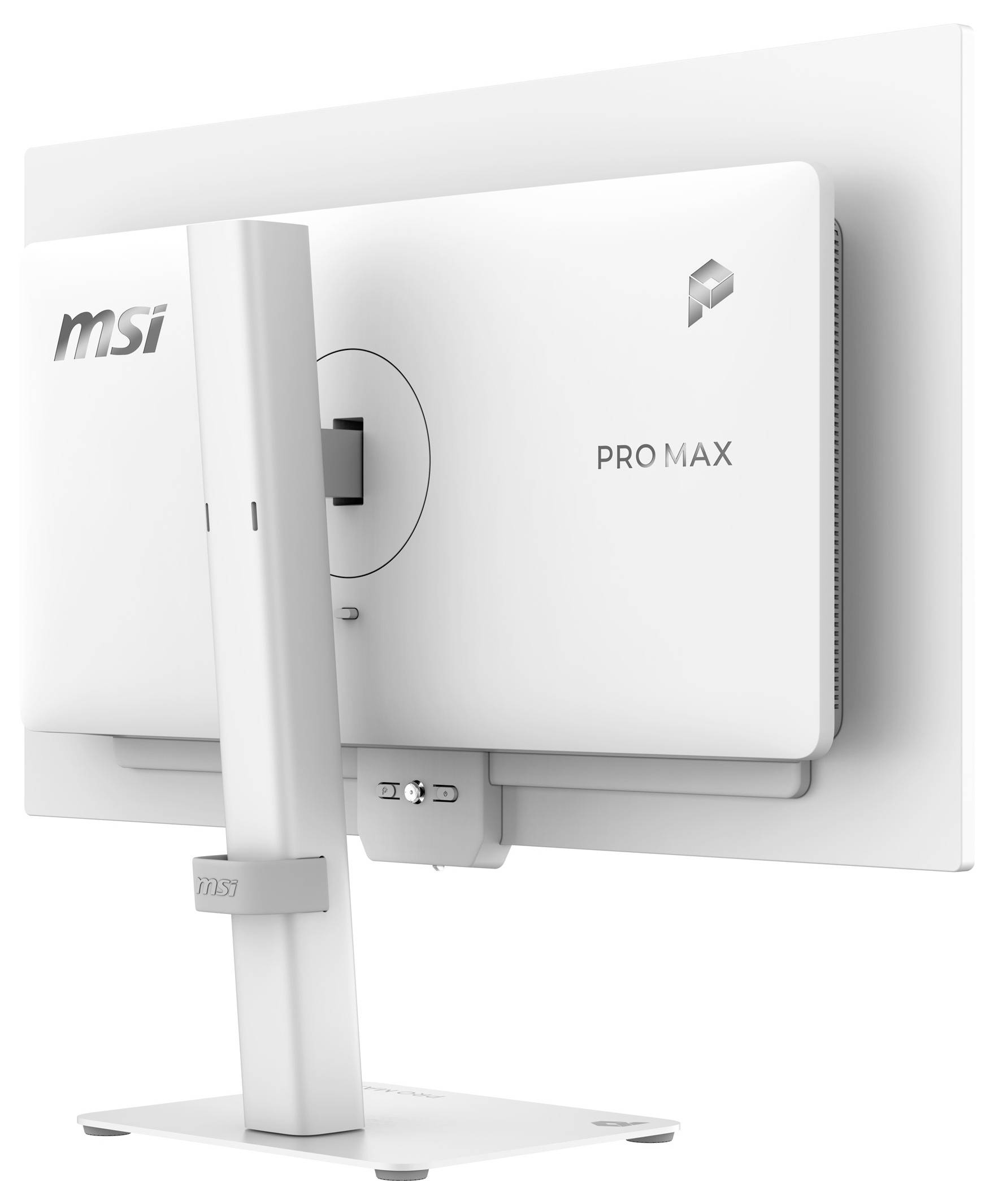 Rückansicht eines weißen MSI PRO MAX Monitors auf einem Ständer montiert, mit Ansicht des Logos und Details der Kabelführung.
