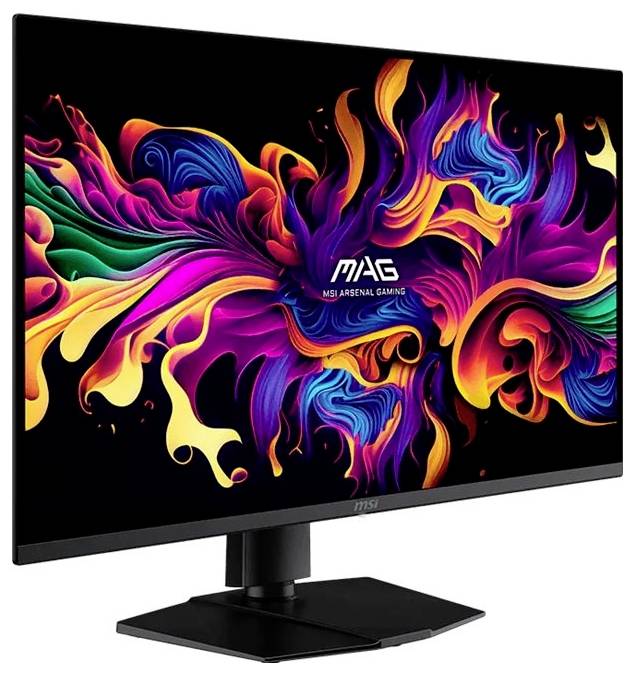 Schwarzer MSI MAG Gaming-Monitor mit leuchtender abstrakter Neon-Wirbel-Tapete auf dem Display, auf einem Ständer vor weißem Hintergrund.