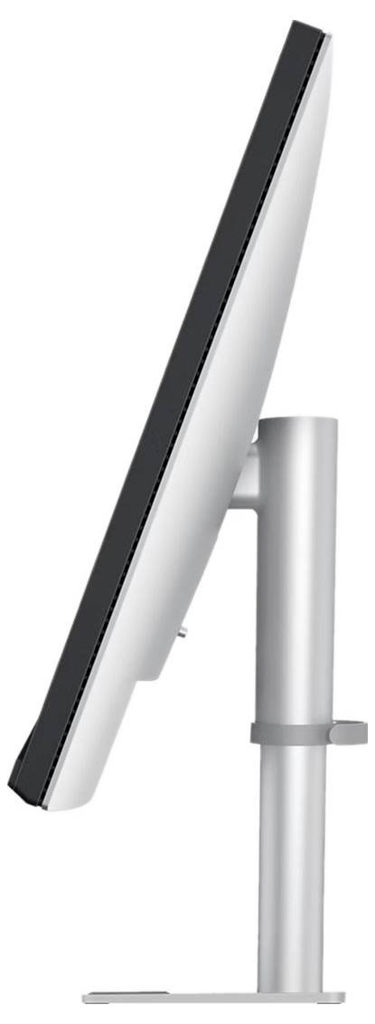 Seitenansicht eines schlanken silbernen Desktop-Monitors auf einem Ständer mit einem verstellbaren vertikalen Arm und Basis.
