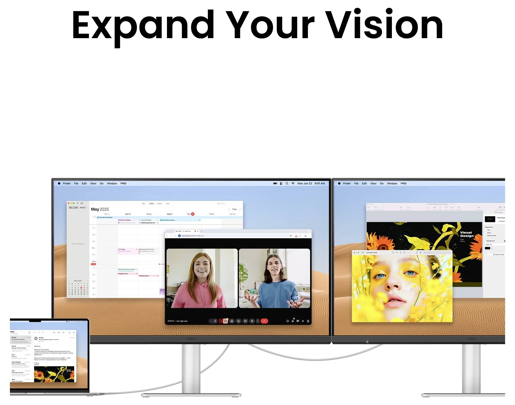 Erweitern Sie Ihren Horizont – Grafik zeigt einen Laptop, der mit zwei großen Monitoren verbunden ist, auf denen Kalender-, Videoanruf- und kreative Apps geöffnet sind.