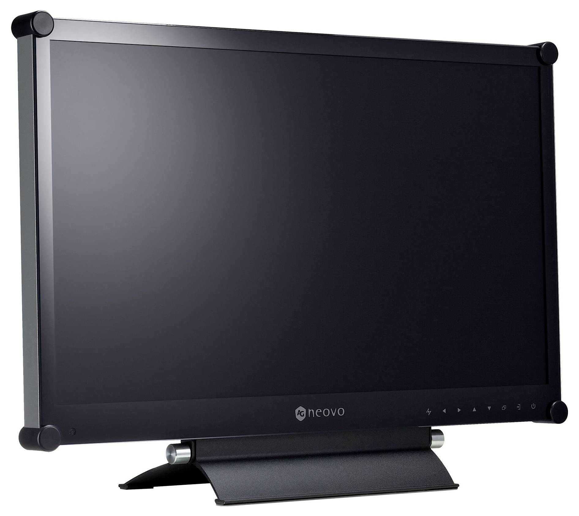 Schwarzer Neovo-Desktopmonitor mit leerem Bildschirm und Ständer auf weißem Hintergrund.