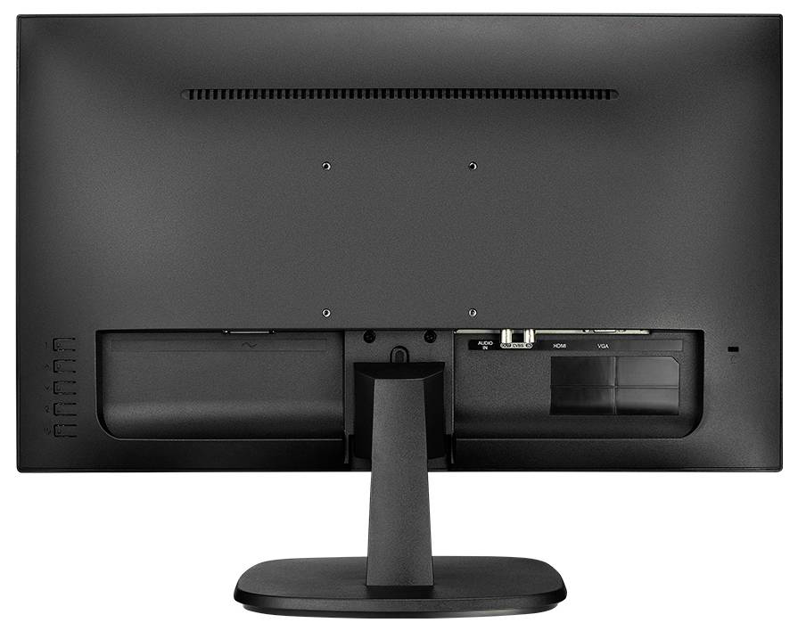 Rückansicht eines schwarzen Desktop-Monitors auf einem Ständer, die die Rückseite und die Lüftungsschlitze zeigt.