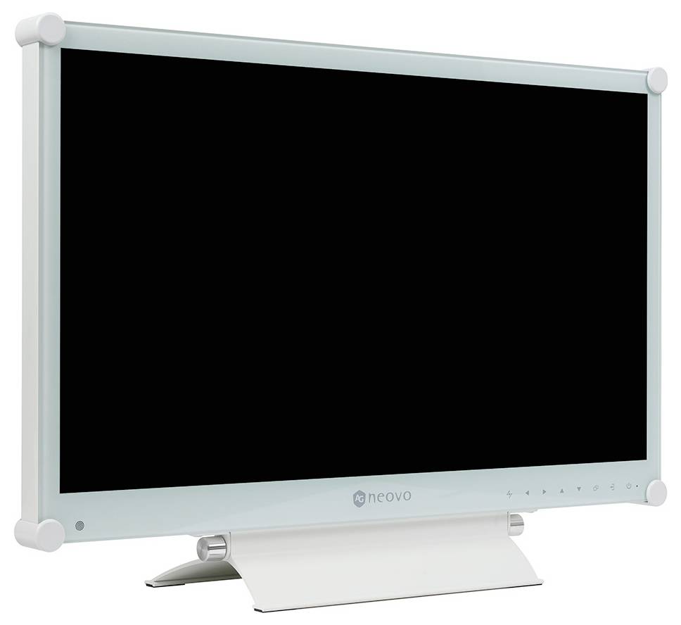 Ein Flachbildschirm-Computermonitor mit schwarzem leerem Bildschirm, silbernem Rahmen und weißem Ständer auf weißem Hintergrund.