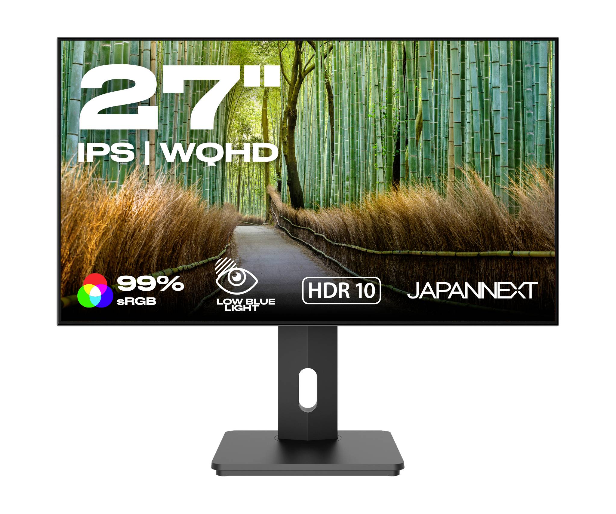 27-Zoll-IPS-WQHD-Computermonitor auf einem Ständer, der ein Waldwegbild anzeigt und Feature-Abzeichen für 99% sRGB, Low Blue Light, HDR10 und JAPANNEXT enthält.