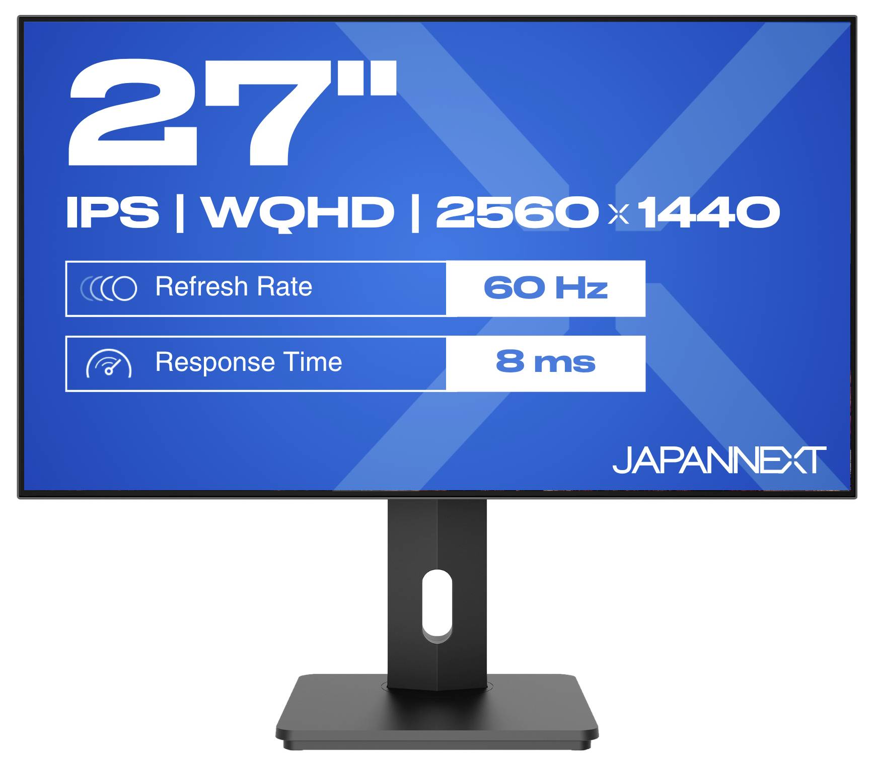 27-Zoll-JAPANNEXT-Monitor mit IPS-WQHD-2560-x-1440-Display, 60-Hz-Bildwiederholfrequenz und 8-ms-Reaktionszeit.