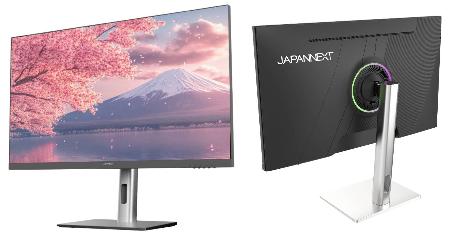 Vorder- und Rückansichten eines JAPANNEXT-Computermonitors auf einem Ständer, mit dem Bildschirm, der den Berg Fuji und rosa Kirschblüten zeigt.