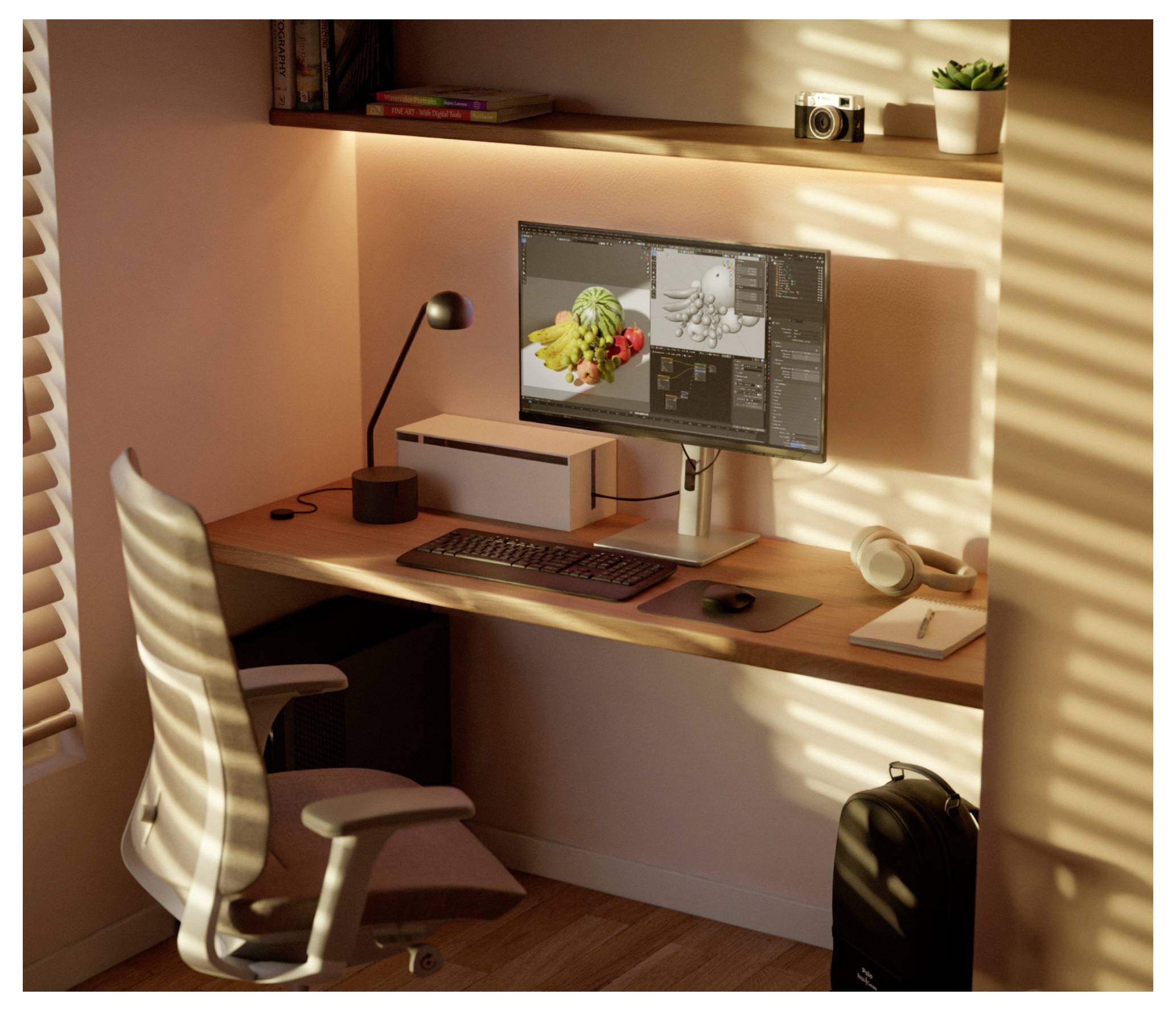 Ein ordentlicher Heimarbeitsplatz mit einem ergonomischen Stuhl, einer Schreibtischlampe, einem Monitor mit designbasierter Software, einer Tastatur, einer Maus und sonnigen Regalen.