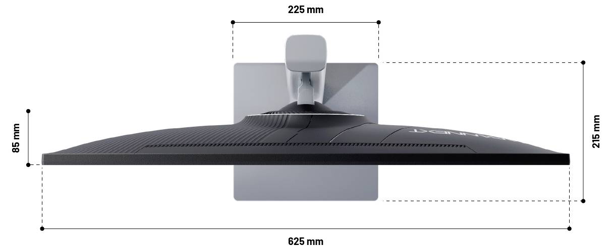 Seitenansicht einer technischen Zeichnung eines flachen Monitor- oder Fernsehständers mit den Abmessungen 625 mm Breite, 215 mm Höhe, 225 mm Tiefe und 85 mm Basishöhe.