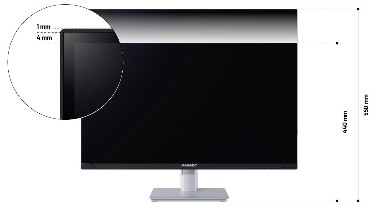 Vorderansicht eines Breitbild-Monitors mit dünnem Rahmen; Größenangaben zeigen eine Gesamthöhe von 550 mm und eine Bildschirmhöhe von 440 mm, sowie eine detaillierte Vergrößerung des Rahmens von 1 mm/4 mm.