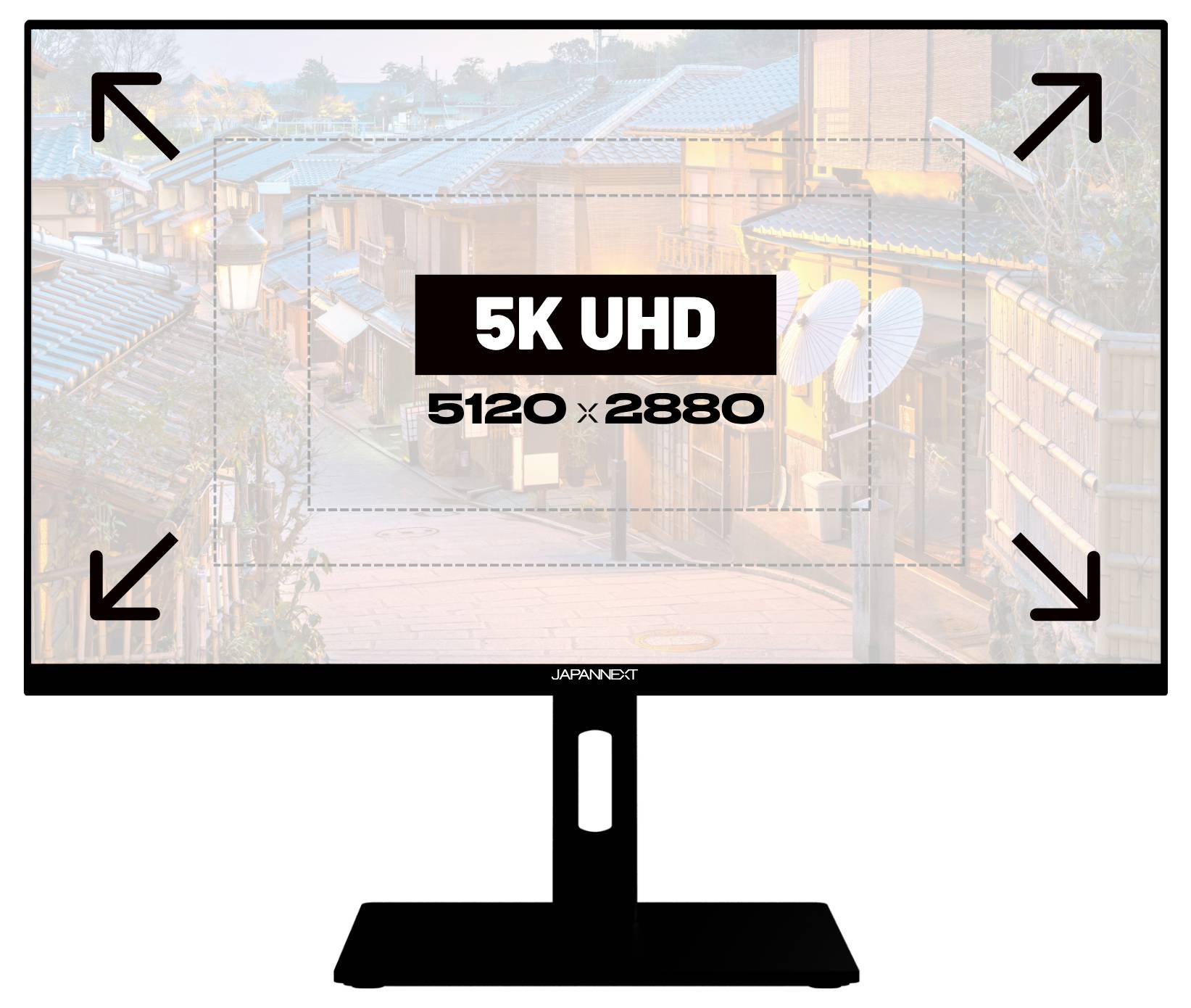 Flachbildschirm-Monitor mit der Bezeichnung "5K UHD 5120 x 2880" mit Pfeilen in den Ecken, die die Bildschirmauflösung und den Anzeigebereich anzeigen.