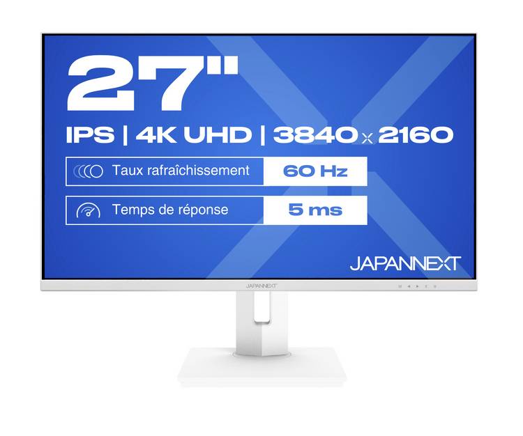 27-Zoll-JAPANNEXT-Monitor von vorne gezeigt mit Spezifikationen: IPS, 4K UHD 3840×2160, 60-Hz-Bildwiederholfrequenz und 5-ms-Reaktionszeit.