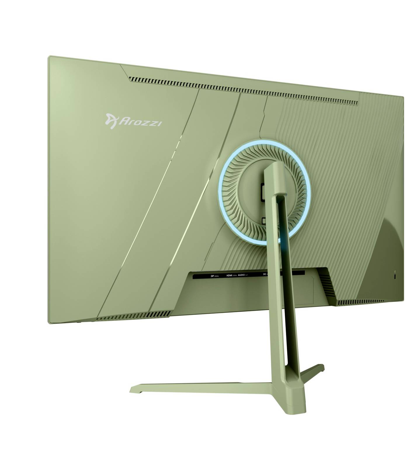 Rückansicht eines grünen Arozzi-Gaming-Monitors auf einem Ständer, zeigend einen kreisförmigen blau beleuchteten Lüftungs- oder Kabelbereich und ein kantig strukturiertes Paneldesign.