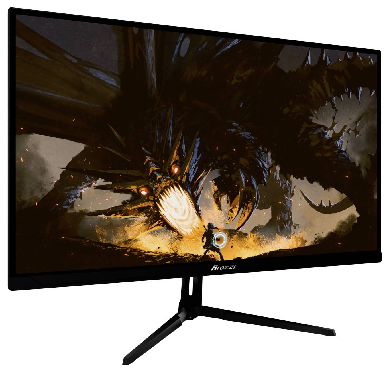 Ein gewölbter Gaming-Monitor auf einem Ständer zeigt eine Action-Szene mit einem Charakter, der sich einer Feuerexplosion und einer dunklen Kreatur gegenübersieht.