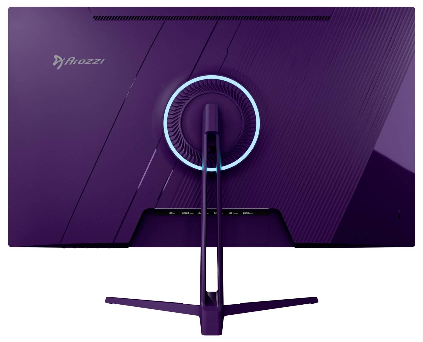 Rückansicht eines violetten Arozzi-Monitors auf einem Ständer mit einem leuchtenden blauen Kreislicht an der Kabelöffnung und zwei herabhängenden Kabeln.
