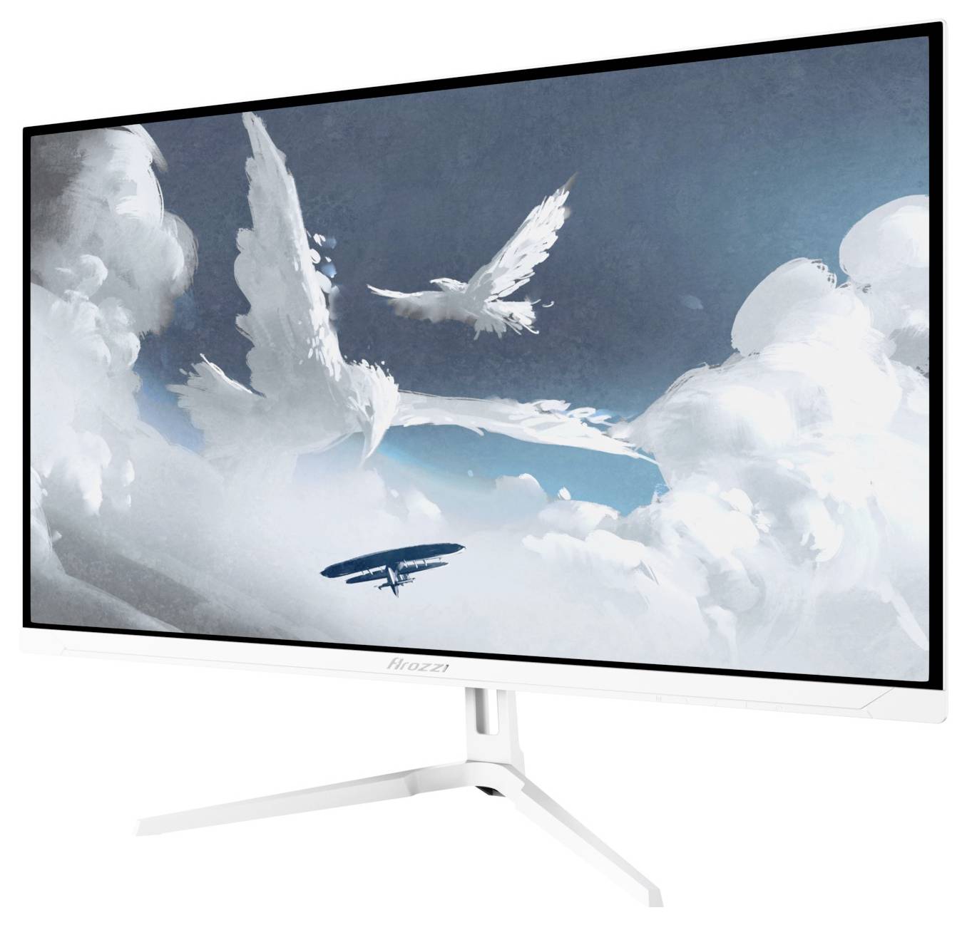 Weißer gebogener Gaming-Monitor auf weißem Ständer, der eine Himmelszene mit Wolken, zwei weißen Vögeln und einem kleinen Flugzeug anzeigt.