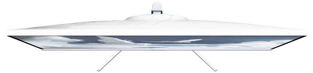 Draufsicht auf ein weißes UFO-ähnliches Raumschiff mit abgerundeter Oberseite und blau beleuchteter Unterseite, das auf Landebeinen schwebt.