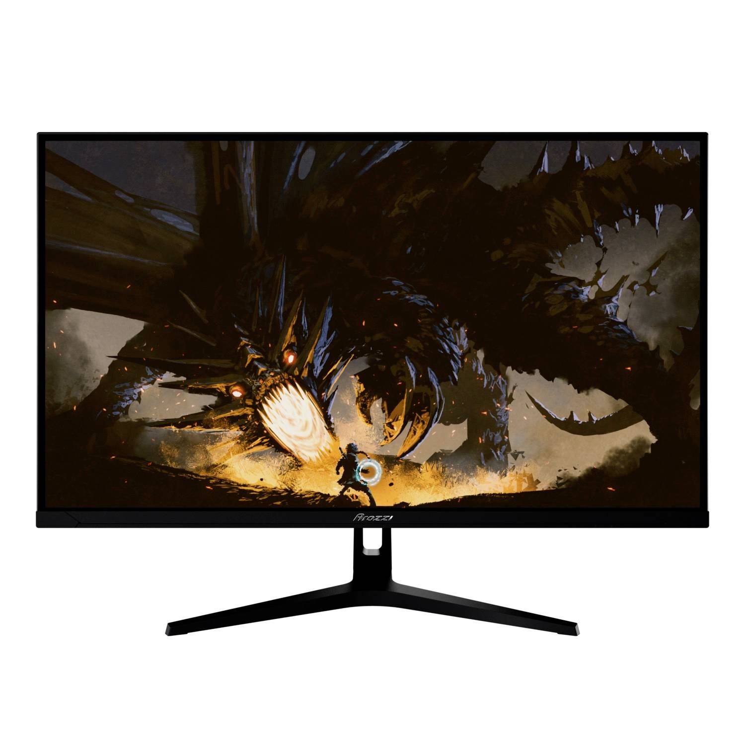 Ein ultrabreites Gaming-Monitor zeigt eine feurige Fantasy-Kampfszene mit einer drachenähnlichen Kreatur, die eine kleine gepanzerte Figur angreift.