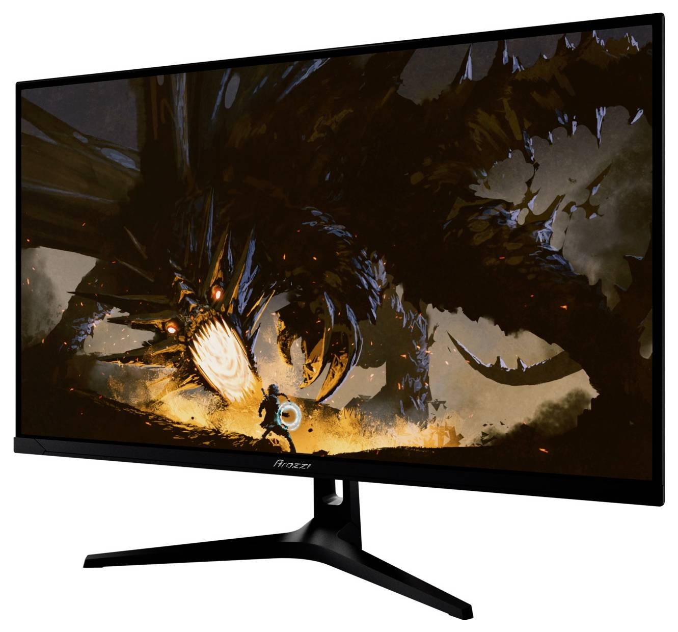 Ein Gaming-Monitor zeigt eine Fantasy-Schlacht mit einem leuchtenden Drachen und einem kleinen Charakter in feurigem Kampf.