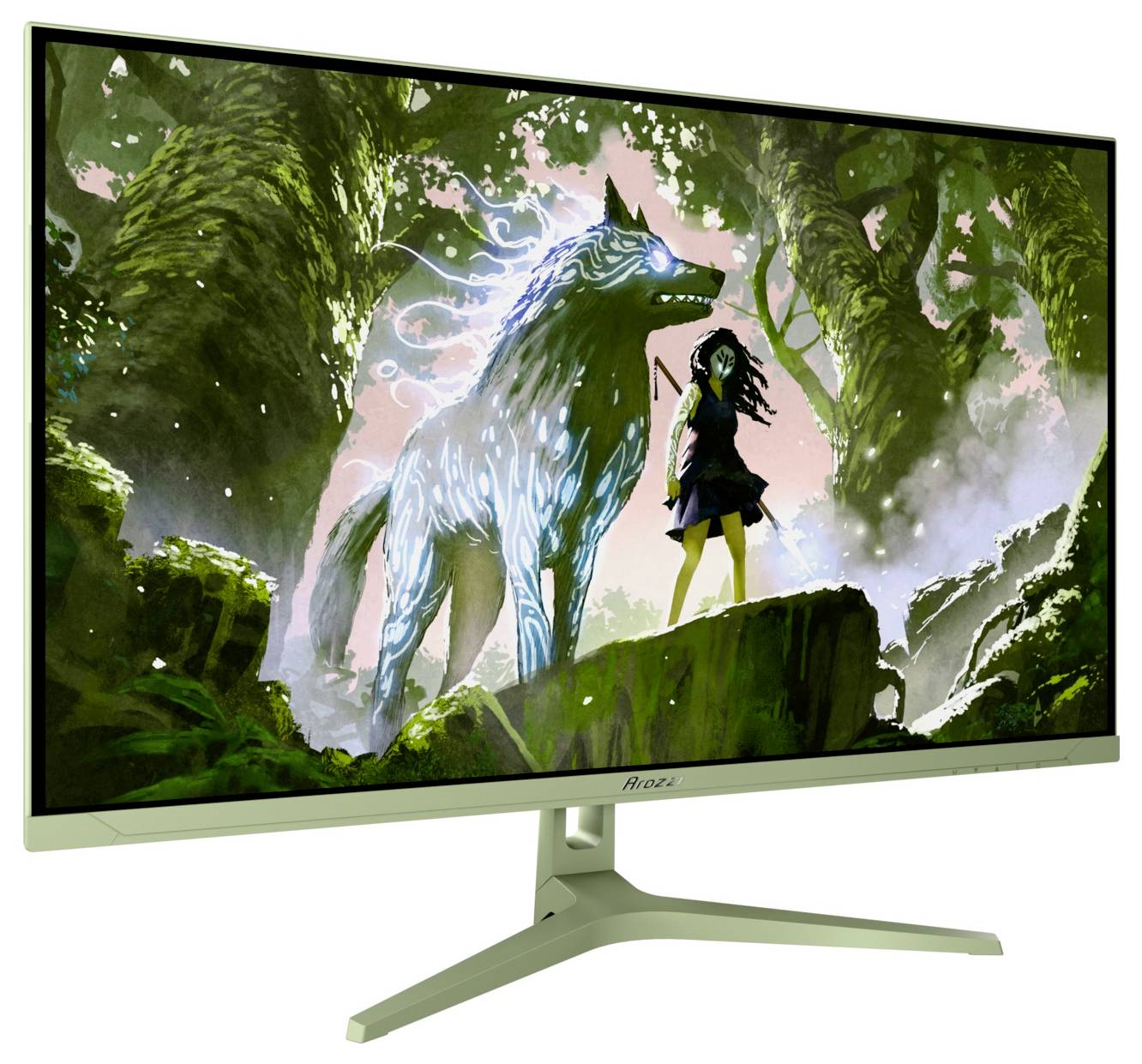 Ein Monitor zeigt eine Fantasieszene mit einem leuchtend blauen Wolf neben einem Mädchen, das auf einer moosbedeckten Klippe in einem nebligen Wald steht.