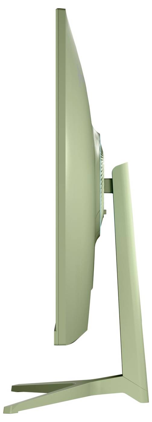 Seitenansicht eines grünen All-in-One-Desktop-Computers auf einem Ständer, der das dünne Monitor-Profil und die abgewinkelte Basis zeigt.
