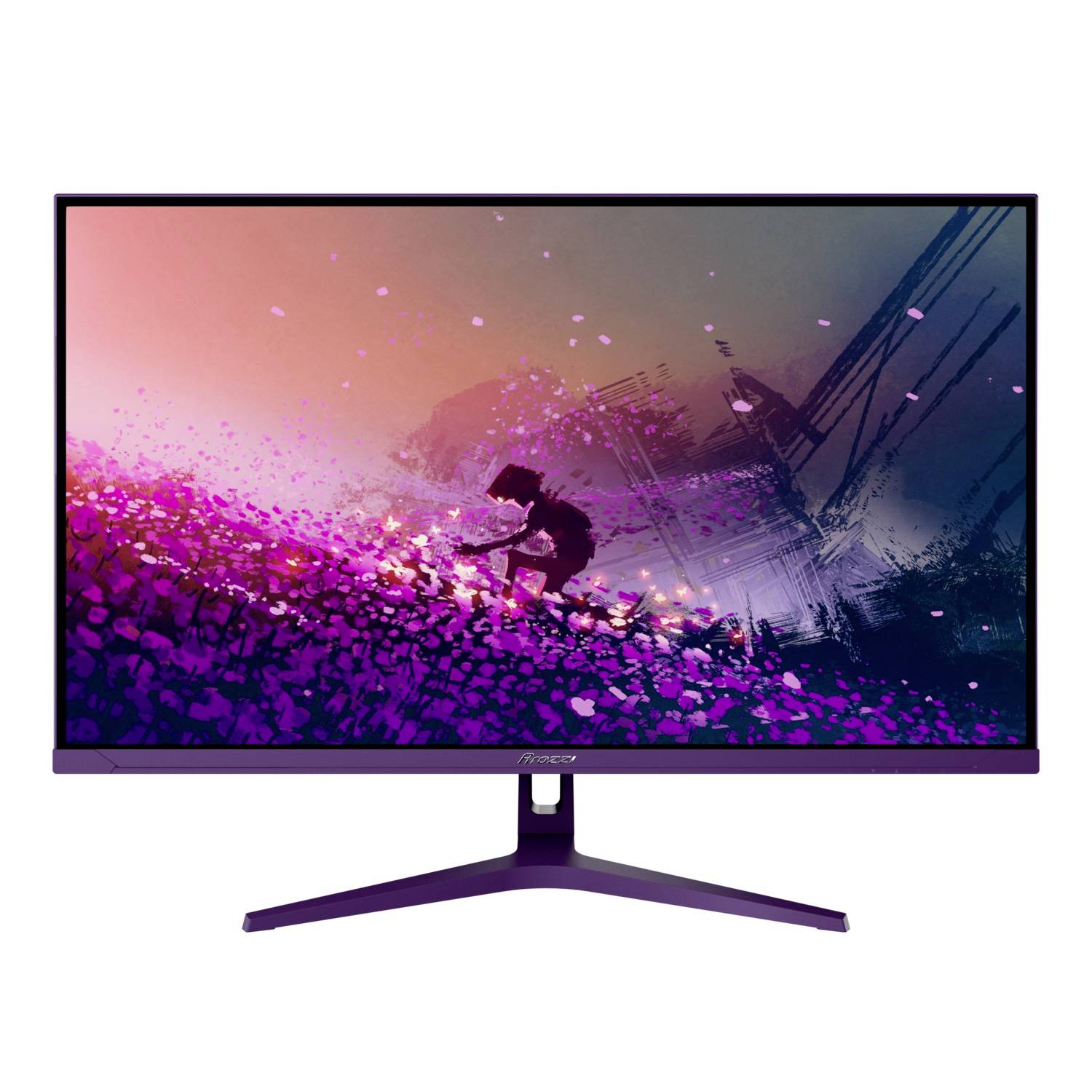 Ein Breitbildmonitor mit einer farbenfrohen abstrakten Szene einer silhouettierten Person, die durch rosa und violette Partikel surft.