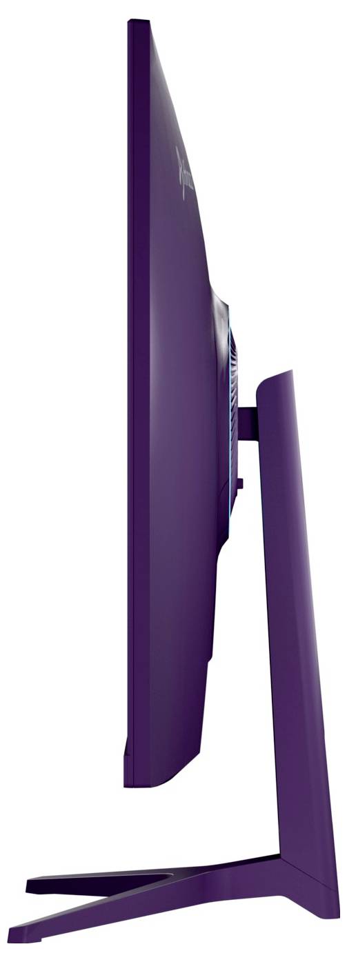 Seitenansicht eines violetten Desktop-Monitors auf einem passenden Ständer, die ein schlankes Profil und eine abgewinkelte Basis zeigt.