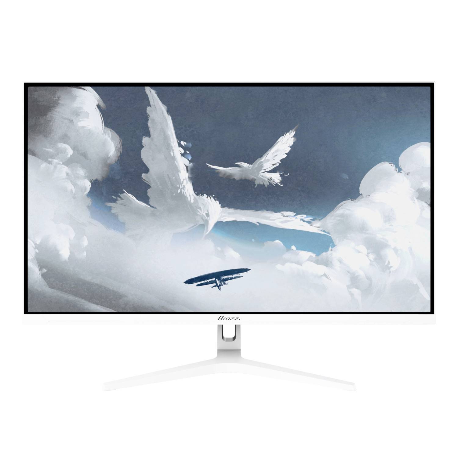 Weißer Desktop-Monitor, der ein Bild von weißen Vögeln zeigt, die durch Wolken gegen einen blauen Himmel fliegen, auf einem weißen Ständer montiert.