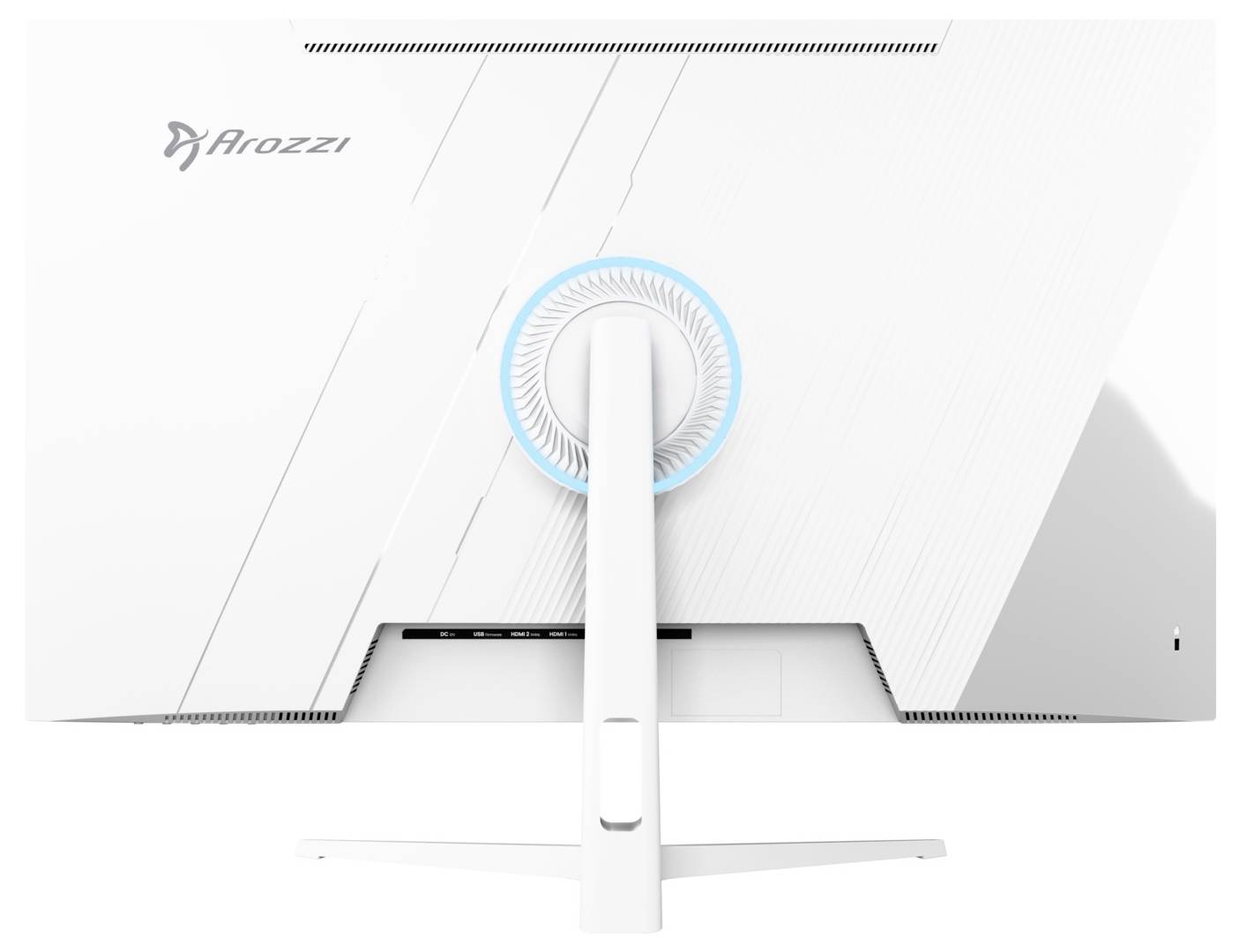 Rückansicht eines weißen Arozzi-Monitors, der einen zentralen Ständer mit einer blau beleuchteten kreisförmigen Halterung und einer Kabelaussparung zeigt.