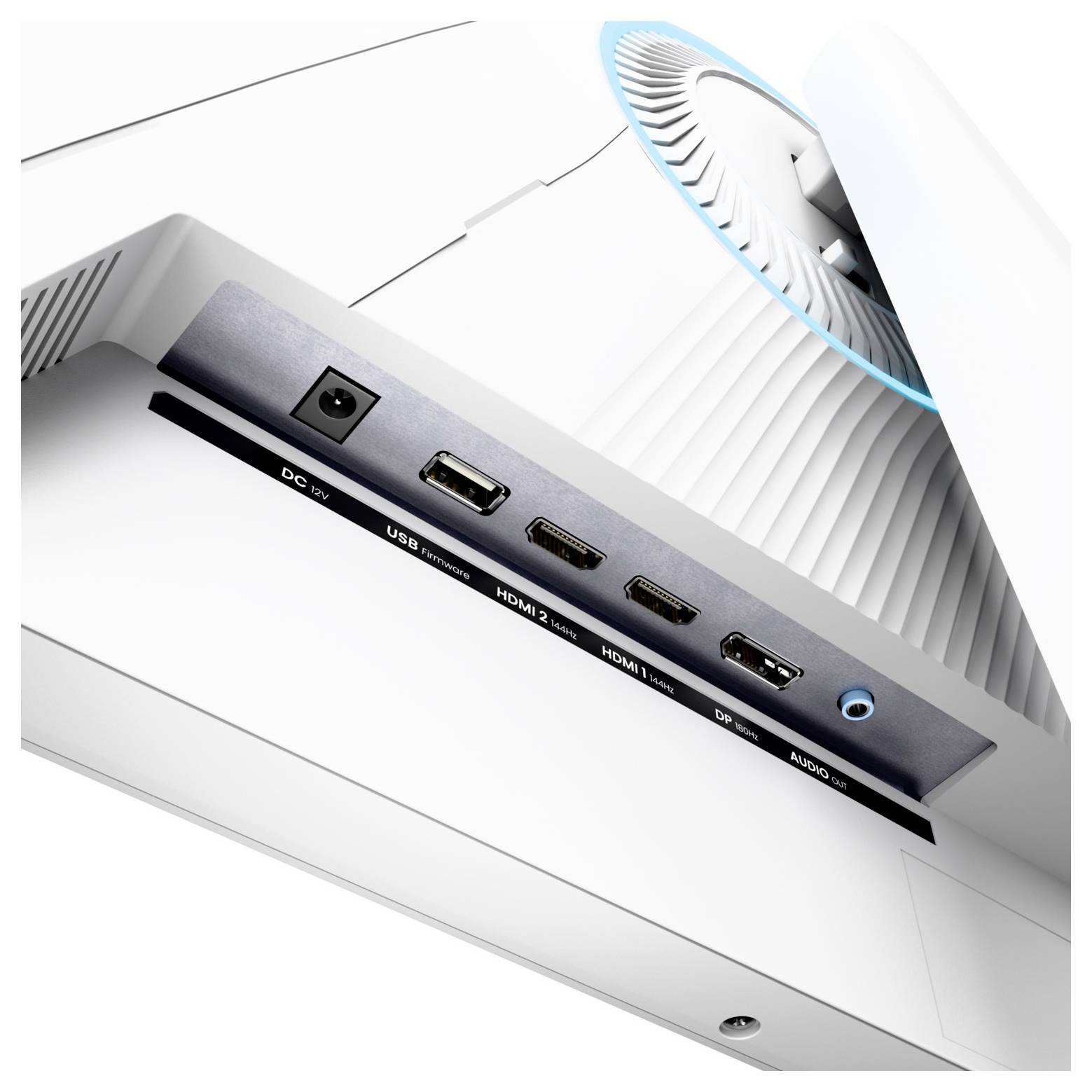 Weißer Projektor mit Rückeingangsfeld, das DC-Stromversorgung, USB, zwei HDMI-Anschlüsse, DisplayPort und Audiobuchse zeigt, plus Kühlventilator oben.